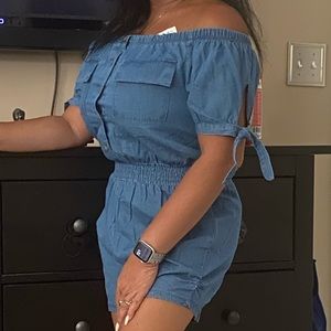 Off shoulder denim romper